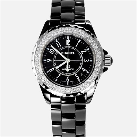 black ceramic chanel j12 watch with a diamond bezel|Chanel j12 ceramic watch price.